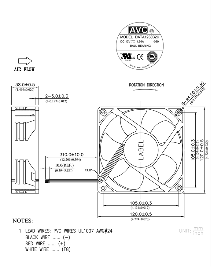 AVC 轴流风扇DATA1238B2U产品尺寸图