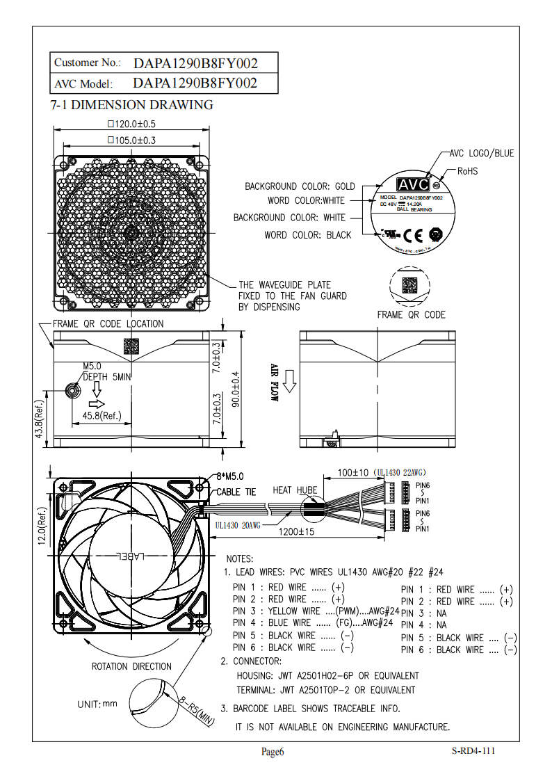 AVC奇宏轴流散热风扇 DAPA1290B8FY002 产品尺寸图：