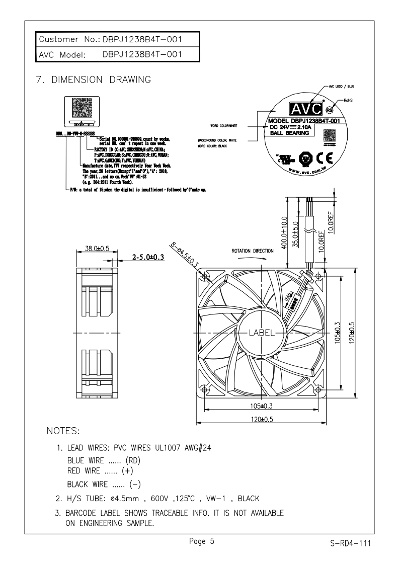 轴流风扇 DAPA1290B8FY004 产品尺寸图： 